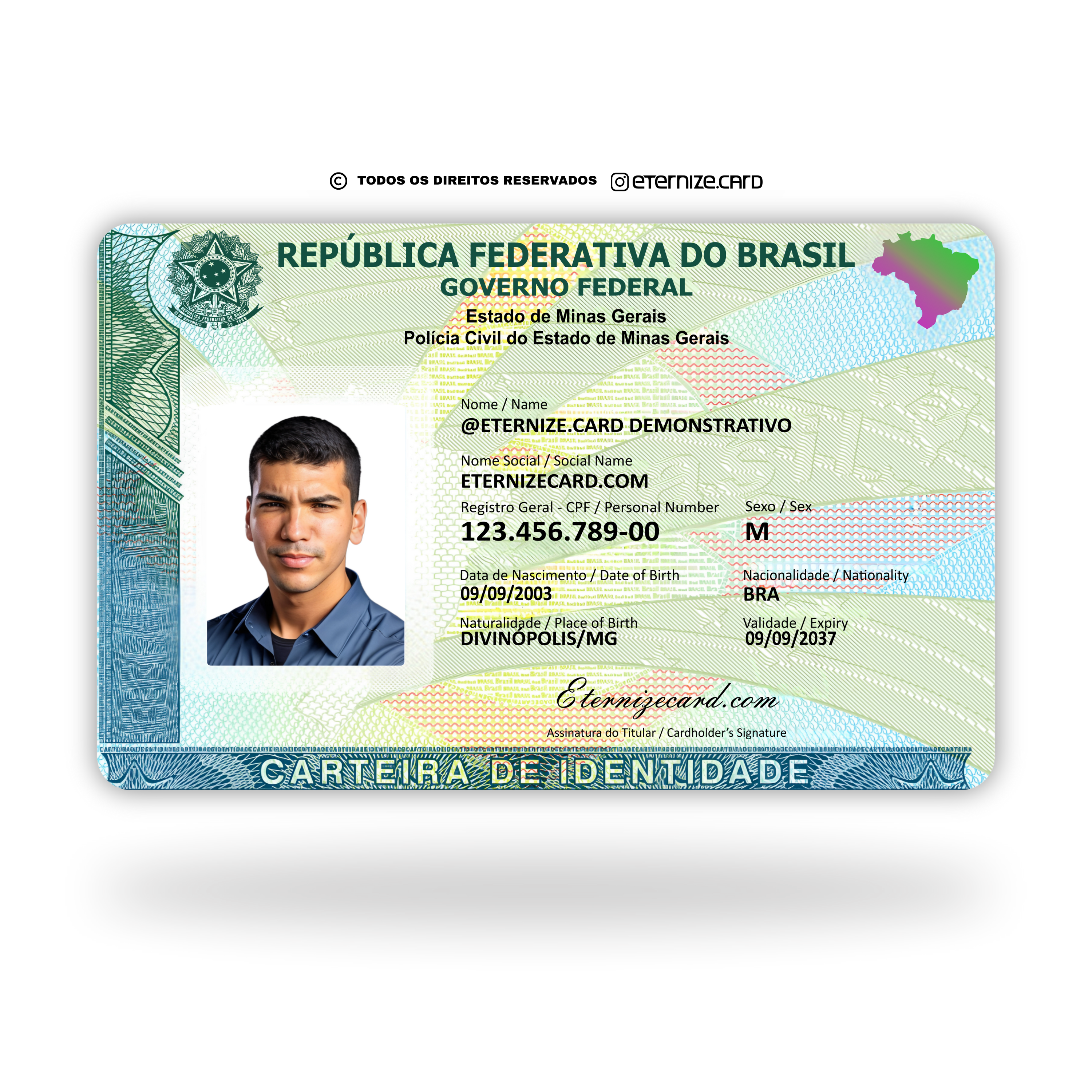 CIN/RG de metal inoxidável Color Eterno gravado a laser premium - frente com foto colorida. Melhor que PVC.